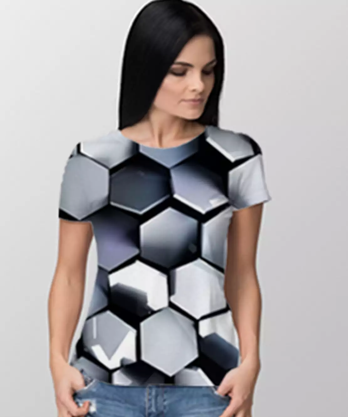 Women Round Neck Half Printed 3D Hexagon T-Shirt
